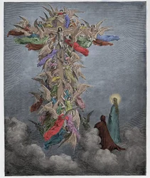 Paradiso, Canto 14: Dante and Beatrice see the angels with Christ on the cross (illustration from The Divine Comedy)